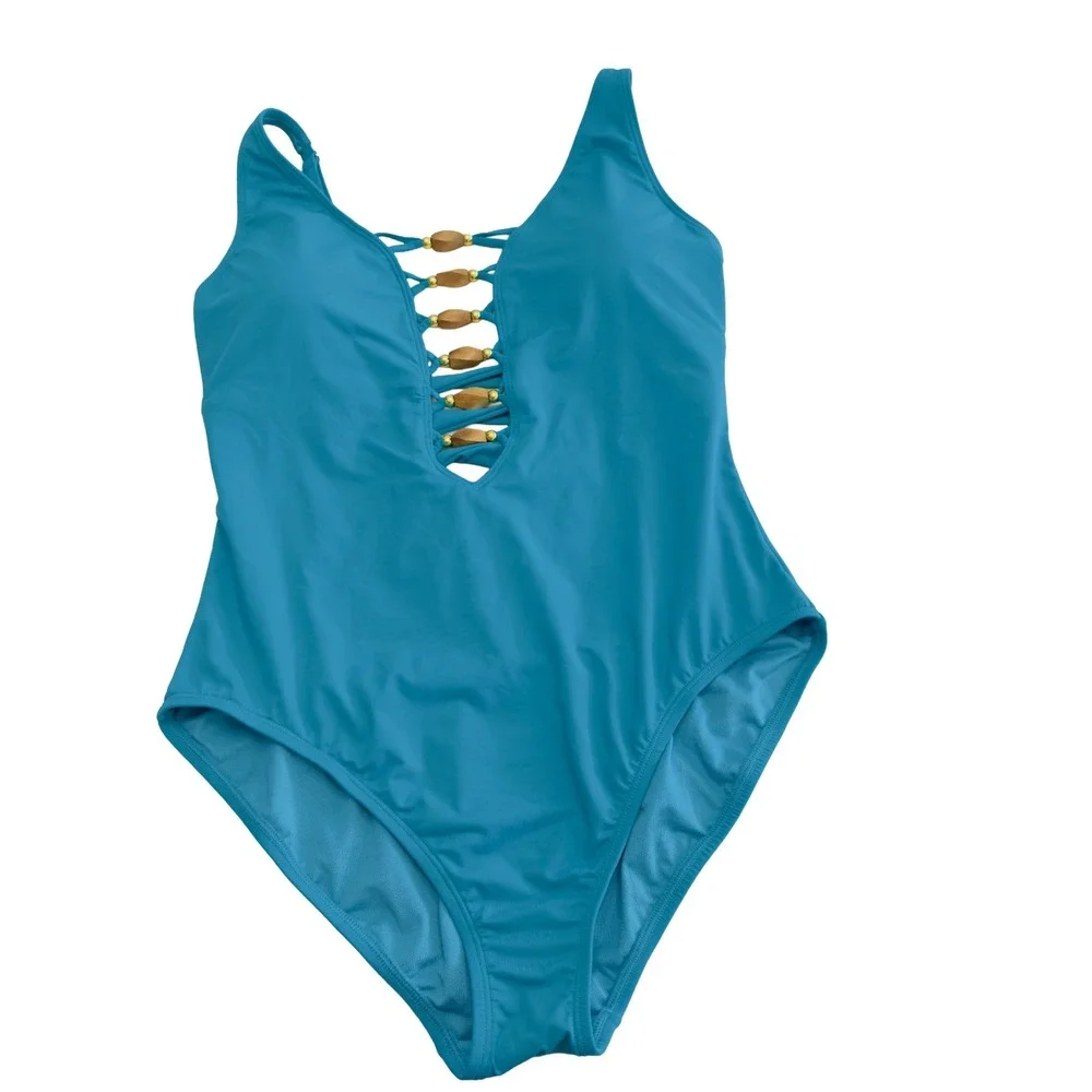 Bleu Rod Beattie Kore Lace Down One Piece Swimsuit Teeal Beaded Wmns Size 12 NWT